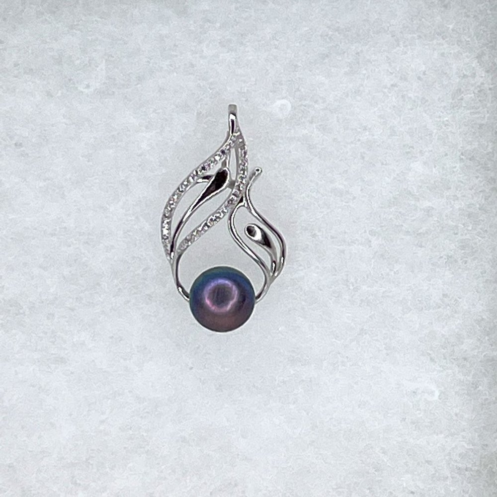 Peacock Cultured Button Pearl & CZ .925 Sterling Silver Pendant Handmade